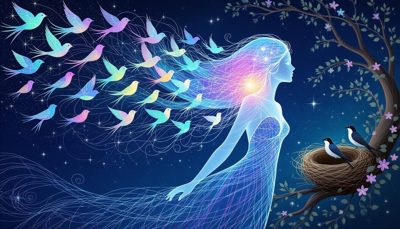 Ethereal Woman Dissolves into Iridescent Birds Amidst Cosmic...