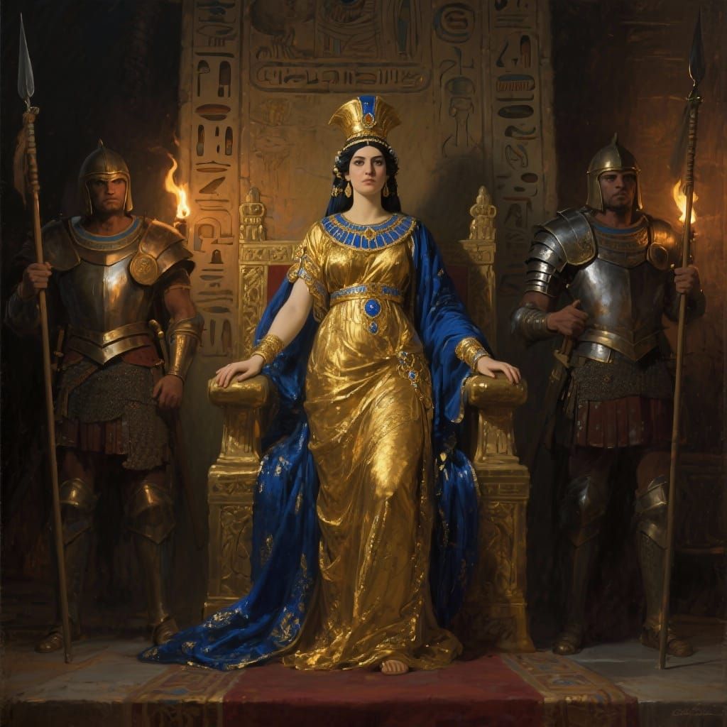 Regal Cleopatra Portrait with Guards in Oil Painting Style