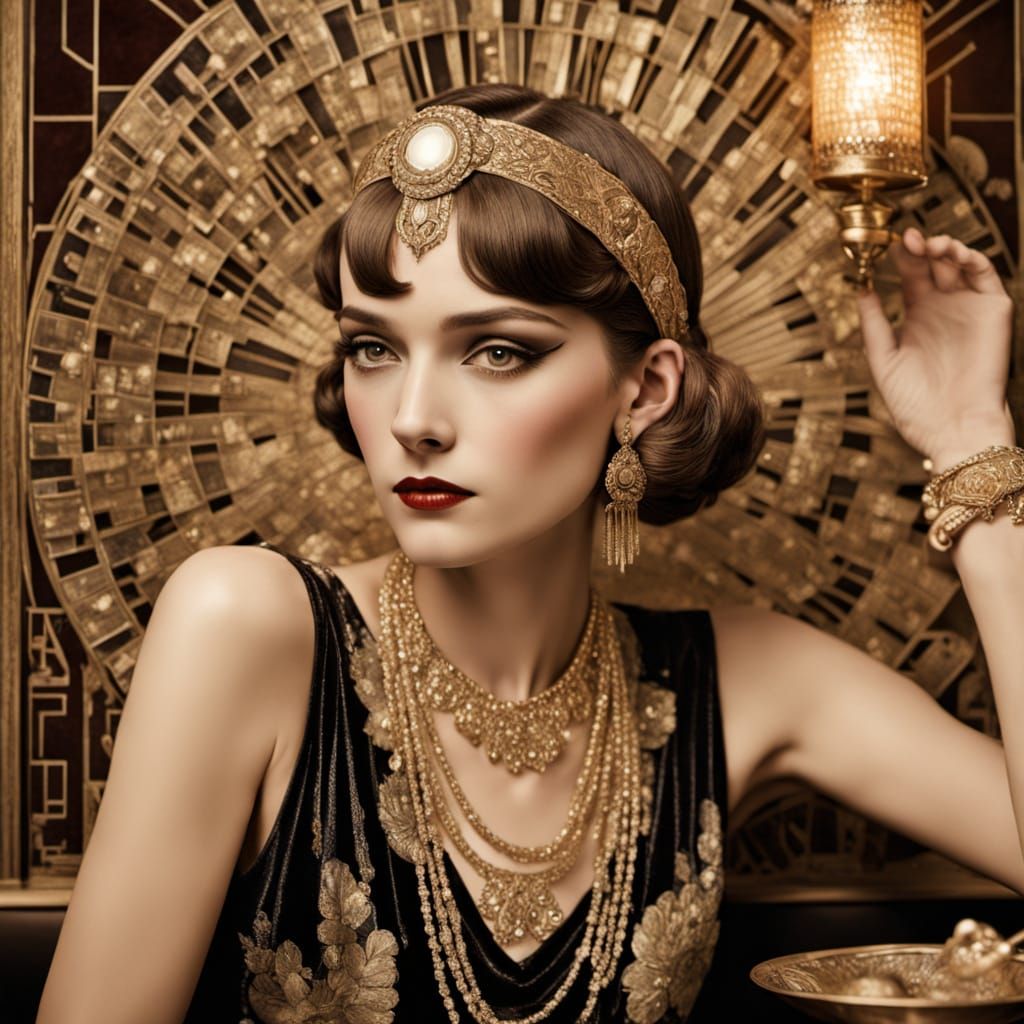 Art Deco Flapper in Golden Light, Mucha-Inspired