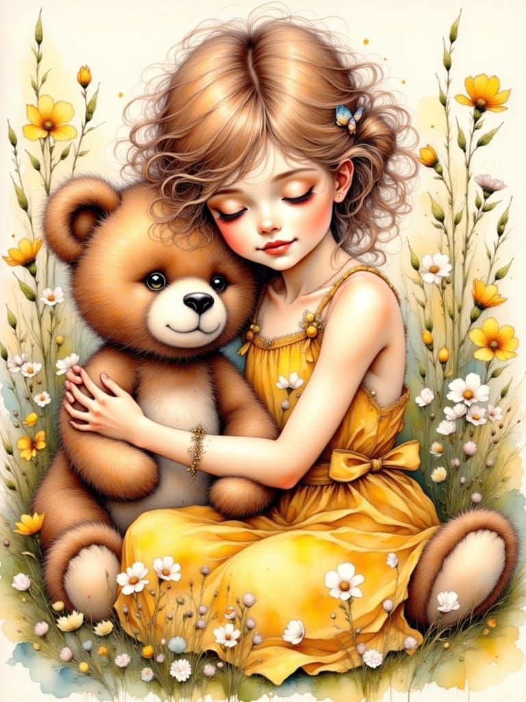 Whimsical Girl Hugs Giant Teddy Bear in Cozy Scene