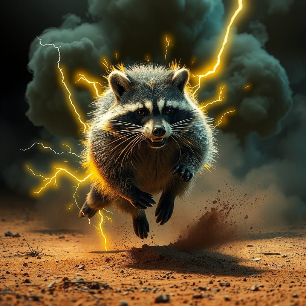 Neon Raccoon Runs Through Stormy Wasteland