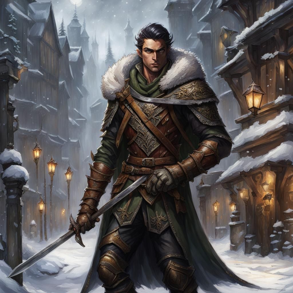 Wood Elf Warrior in Snowy City Street