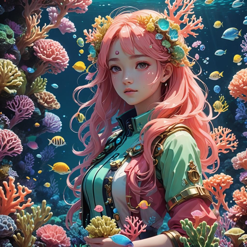Marina's Mystical Coral Reef Adventure in Anime Style