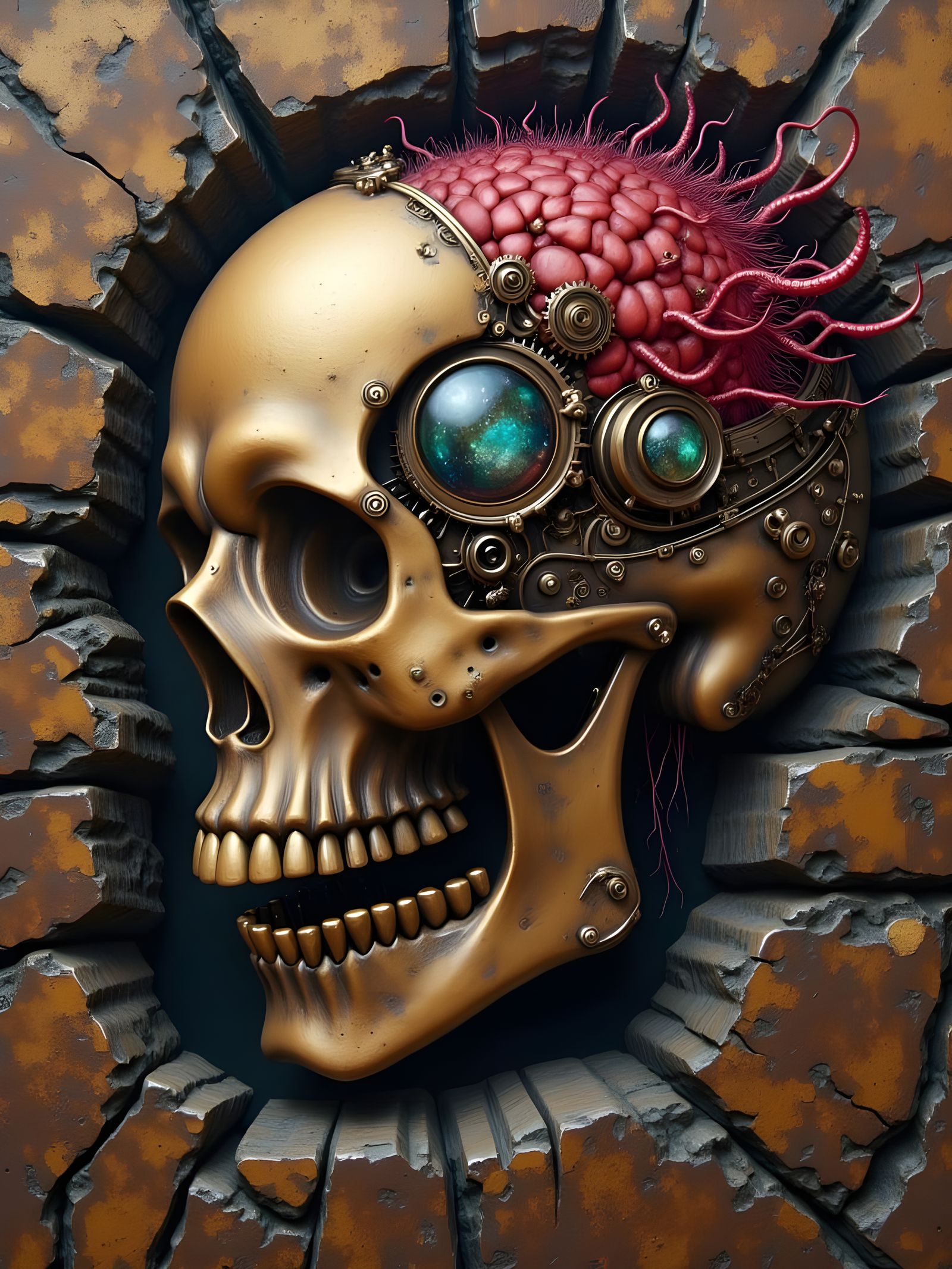 Steampunk Skull in Granite, Dark Fantasy Oil Painting