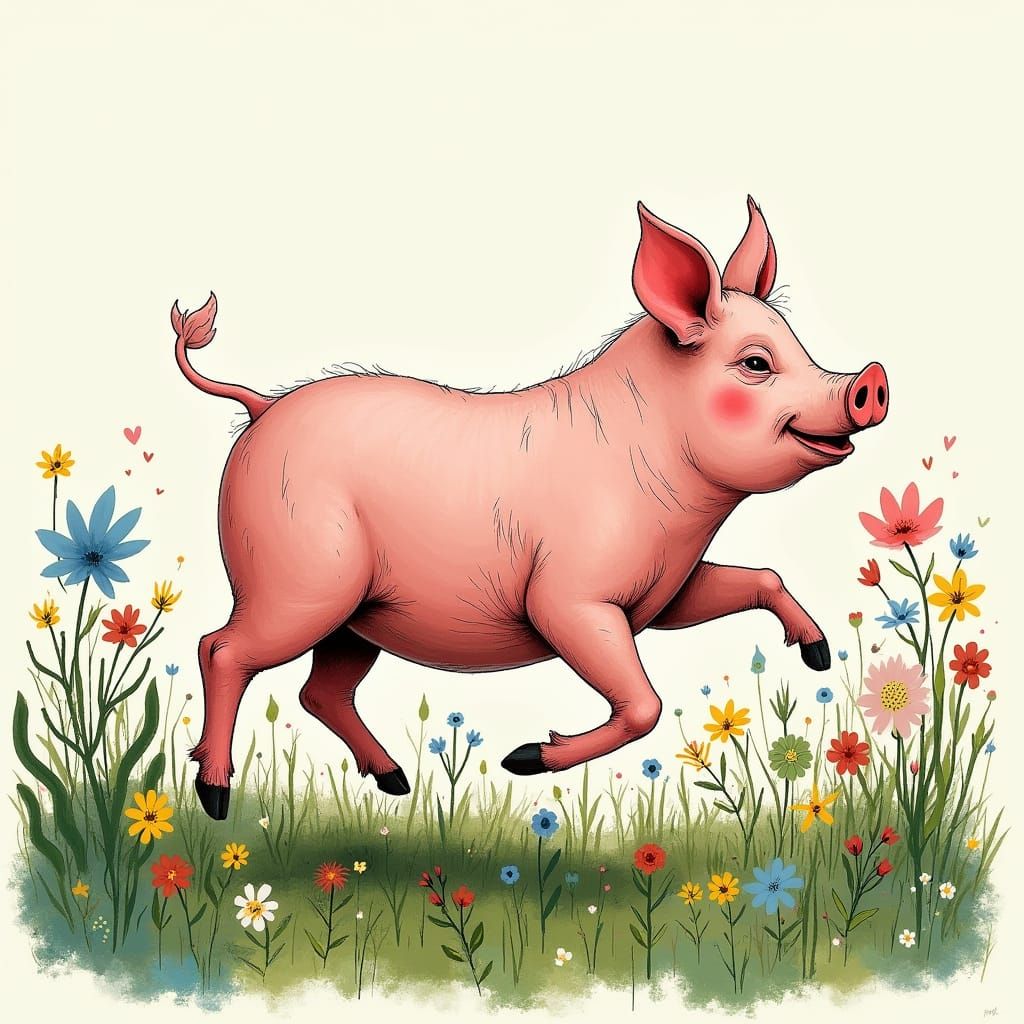 Whimsical Pig in Lush Landscape