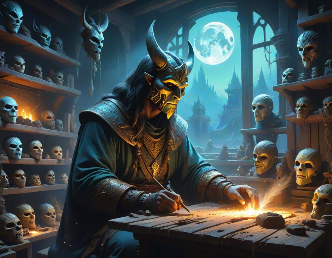 Fantasy Artisan Crafting Magical Masks in Moonlit Workshop