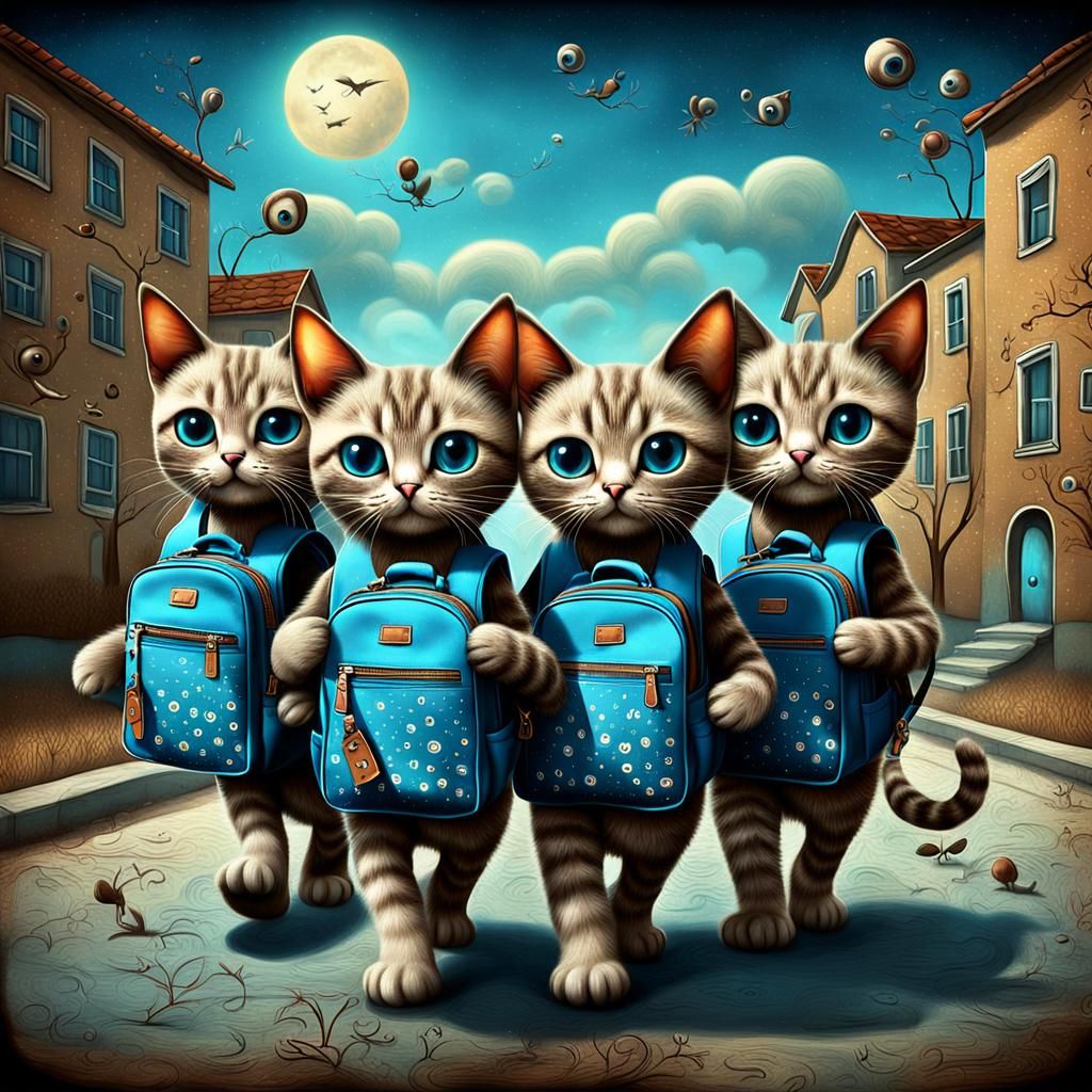 Anthropomorphic Kittens in Dreamy Surrealist Schoolyard