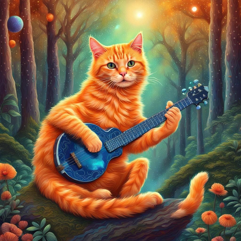 Orange Cat Plays Banjo in Forest, Astral Illustration