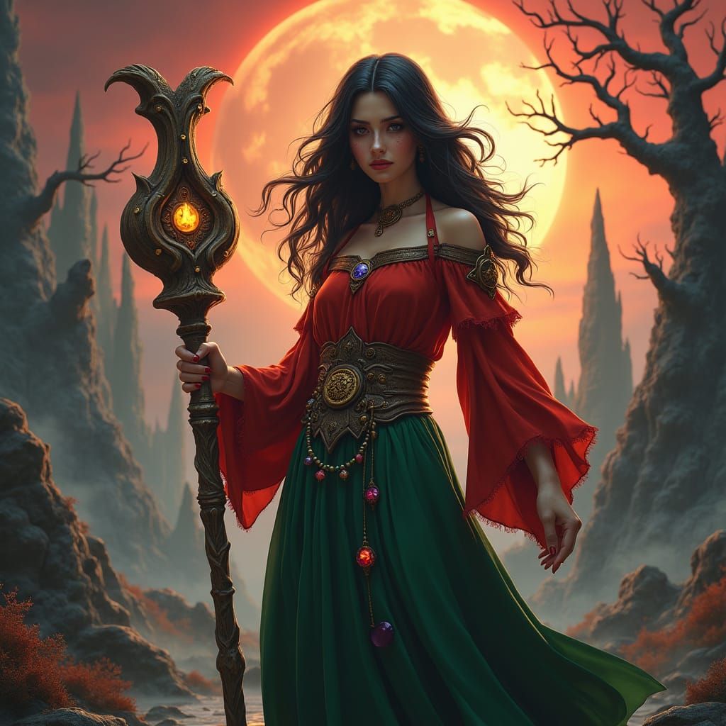 Female Warlock with Staff in Fantasy Landscape
