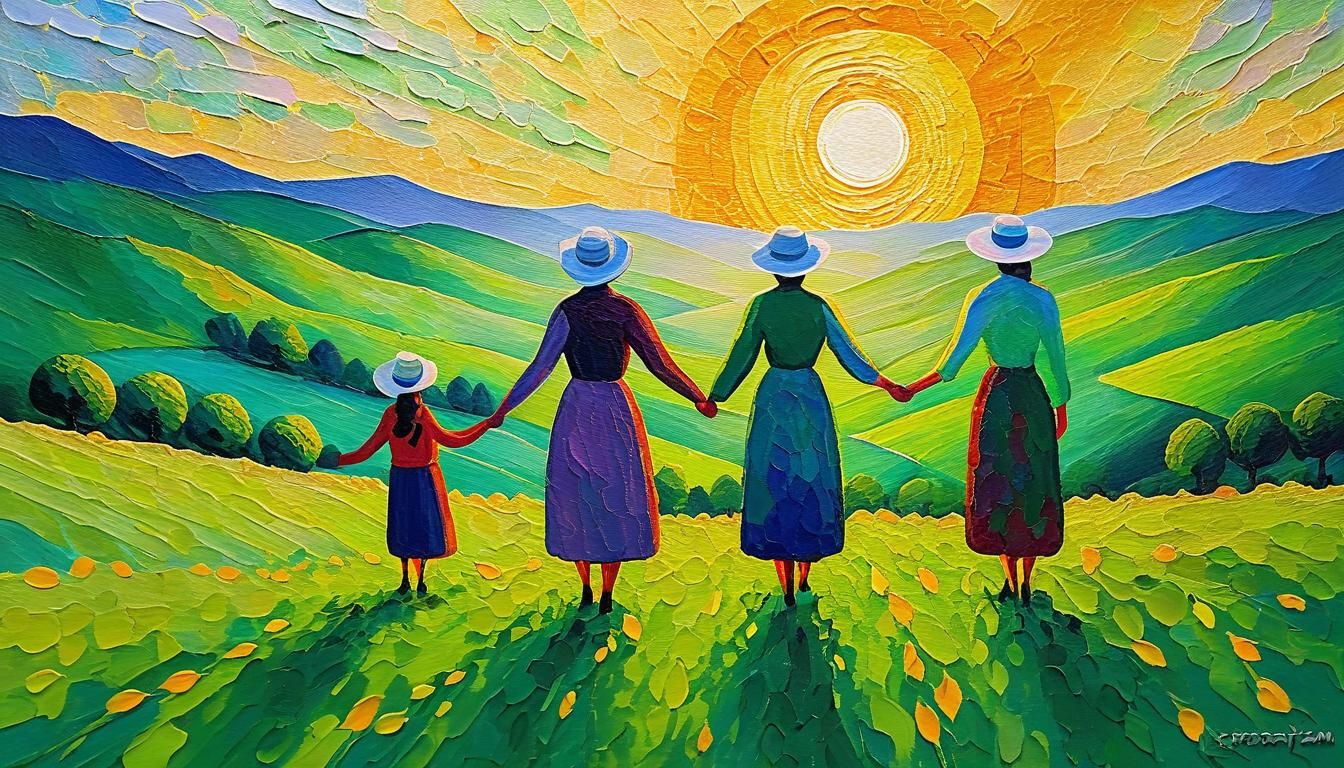 Women Watch Sunrise: Neo-Impressionist Impasto Painting