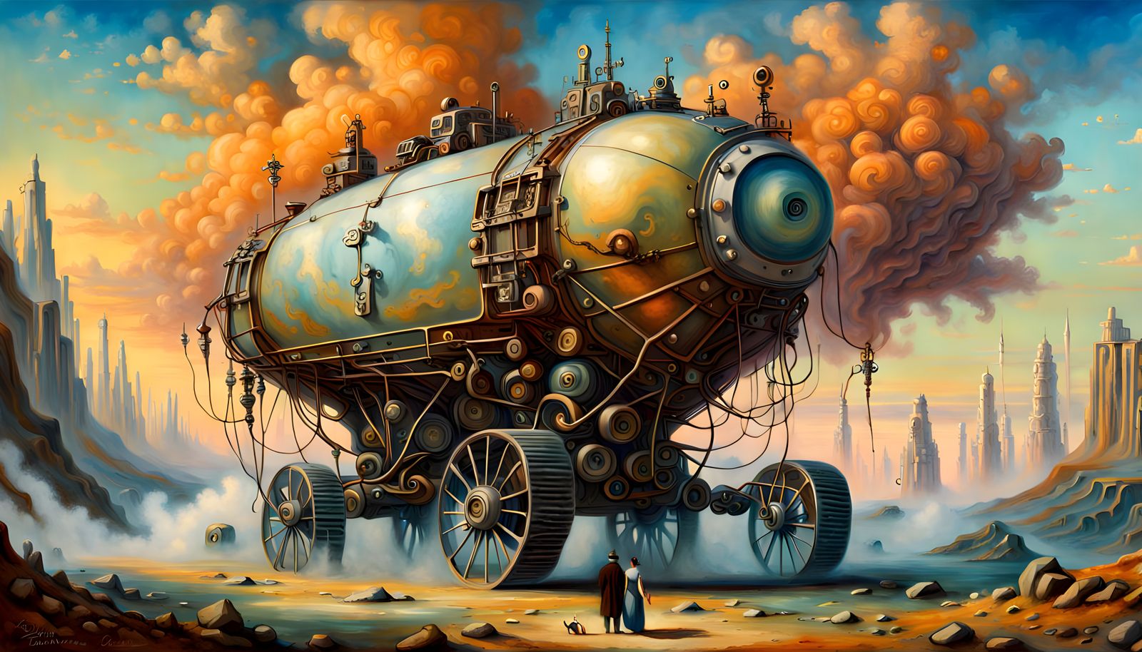 Steam-Powered Cybercomputer in Surreal Wasteland Landscape