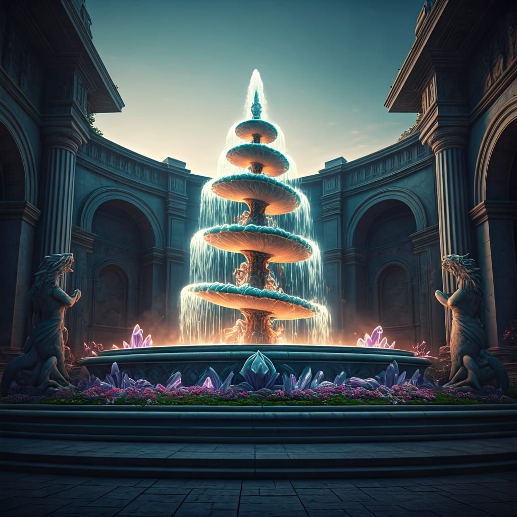 Enchanted Plaza: Majestic Fountain with Mythical Sculptures