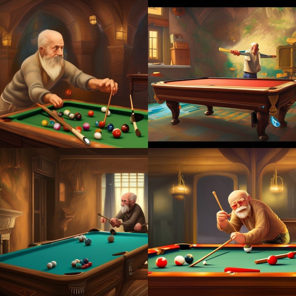 Cartoon Old Man Playing Pool: Detailed Matte Painting
