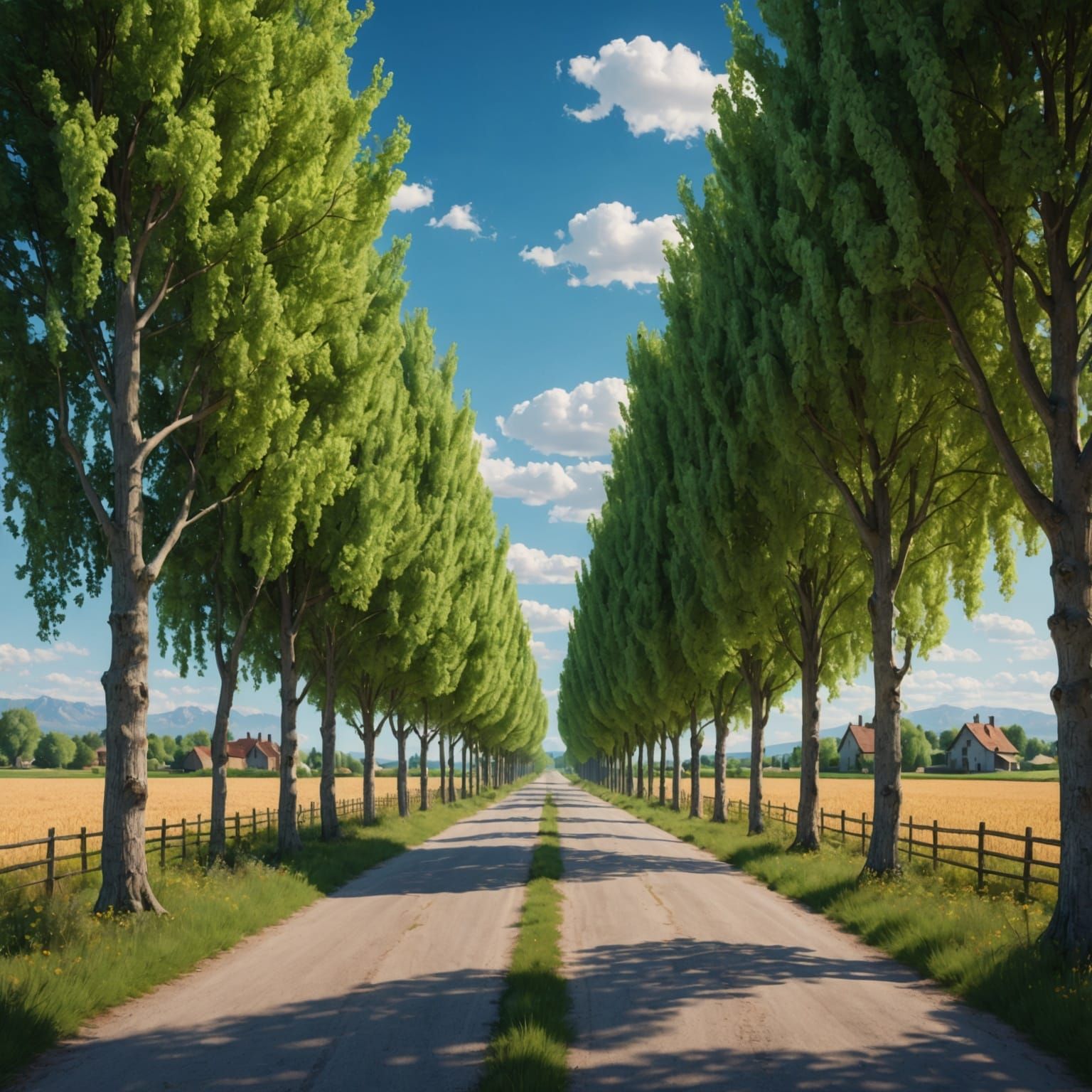 Idyllic Country Road with Poplar Trees