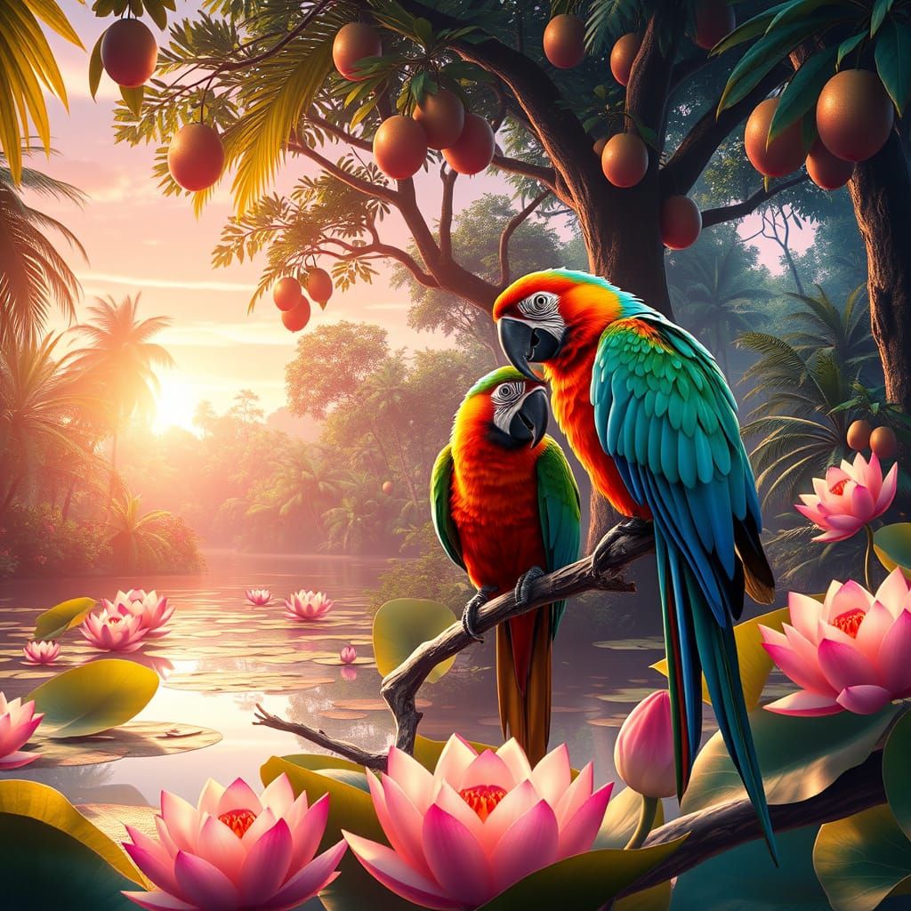 Parrots in Tropical Forest at Dawn: 3D Anime Art