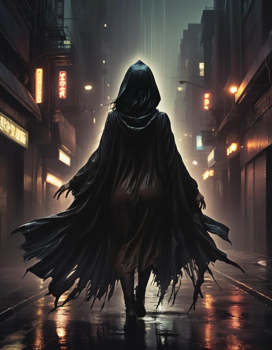 Woman in Dystopian Cityscape, Cyberpunk Style