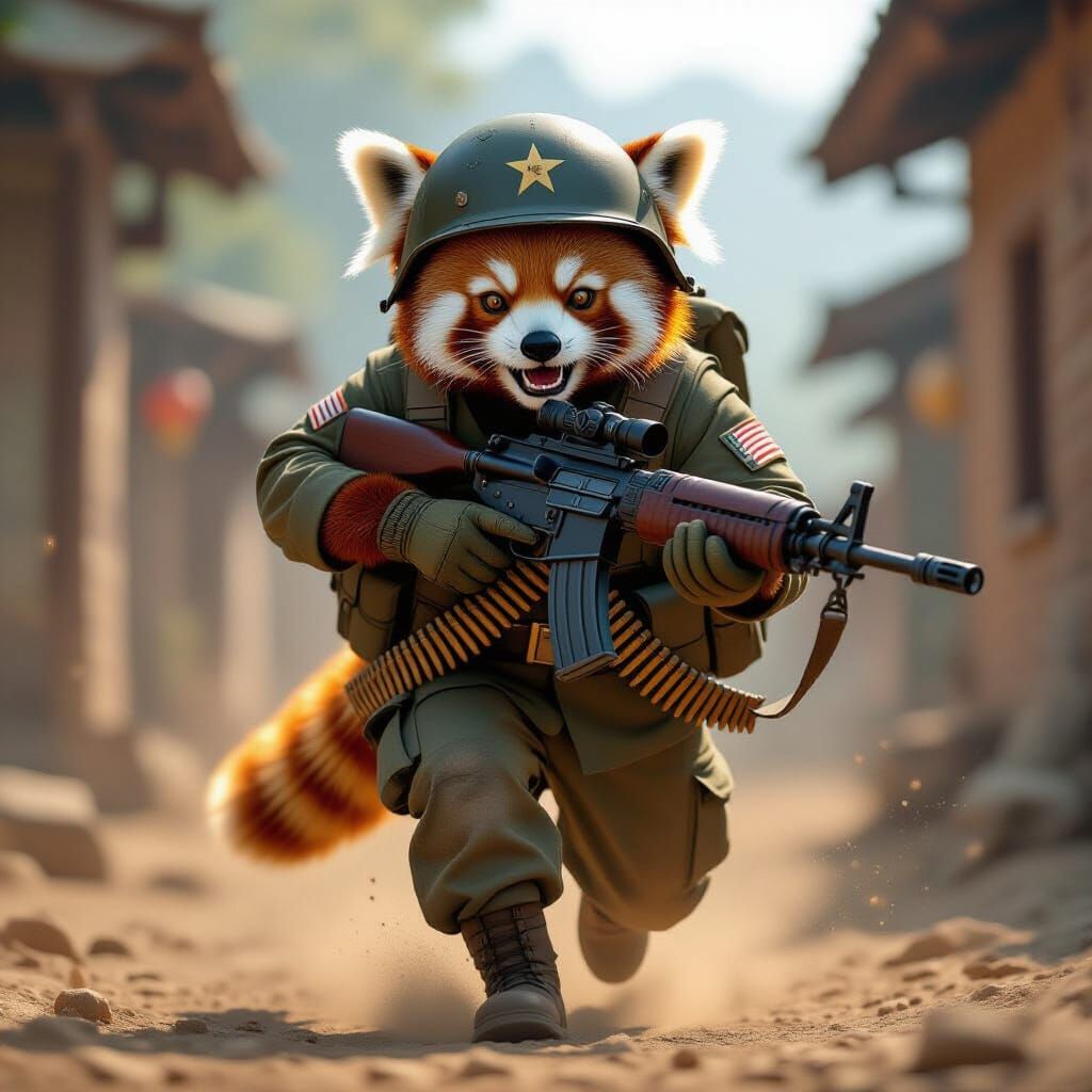 Red Panda Soldier Charging Forward in WWII Uniform