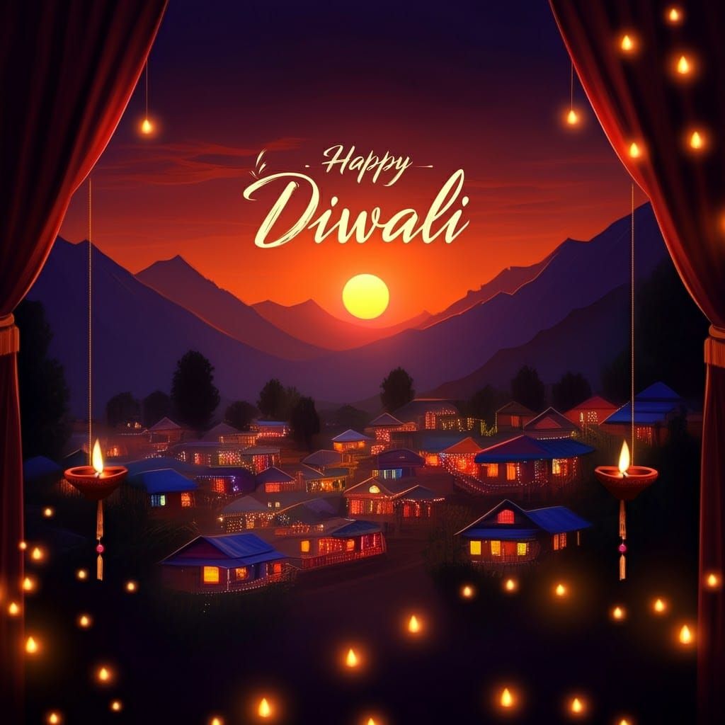 Diwali Festival in Mountain Village at Sunset