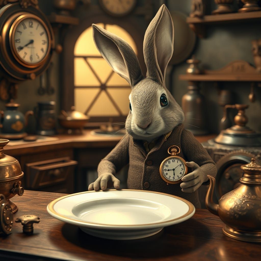 Steampunk Rabbit Contemplates Tea in Baroque Kitchen