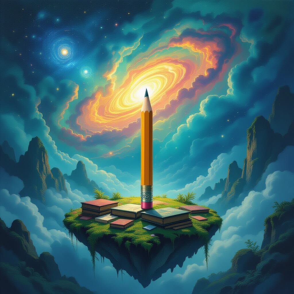 Cosmic Pencil on Floating Book Island