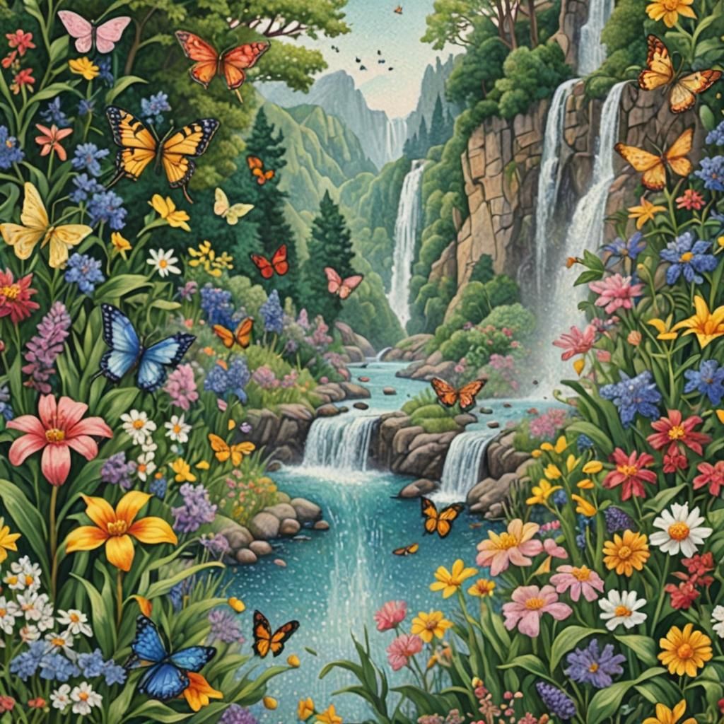 Pointillist Landscape with Birds and Waterfall