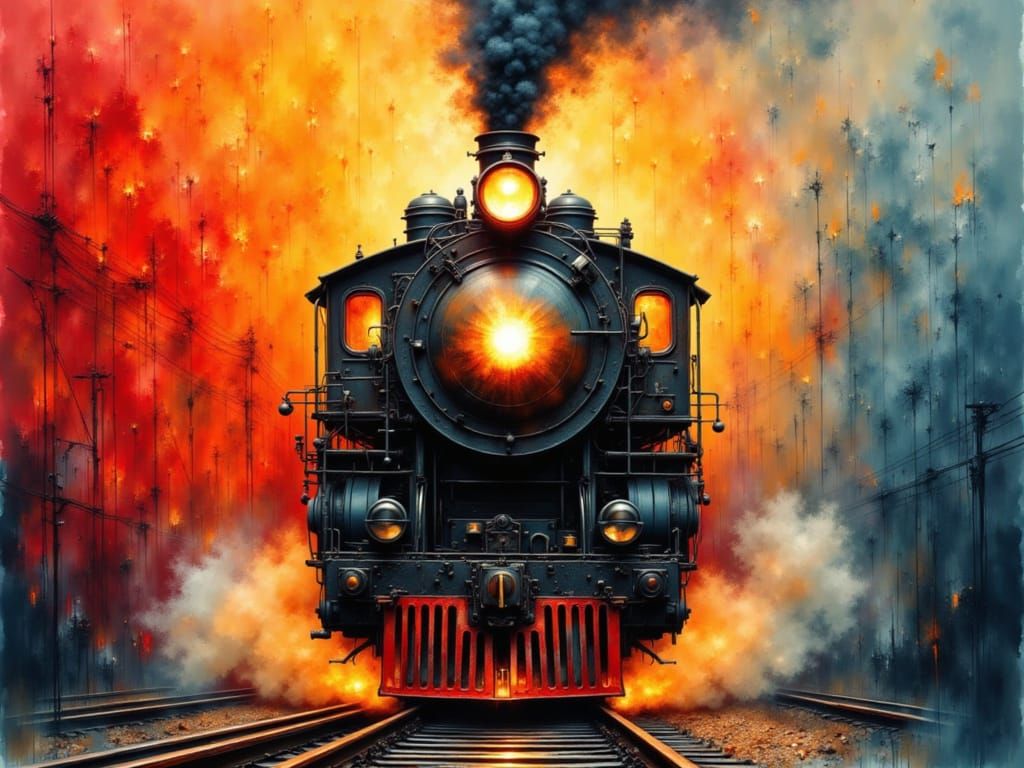 Fiery Steam Locomotive in Abstract Expressionism Style