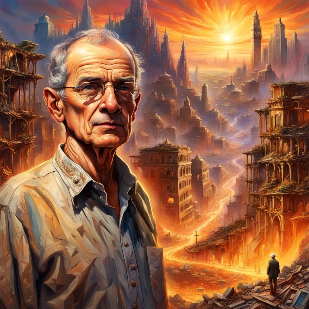 Professor Finkelstein in War-Torn Cityscape