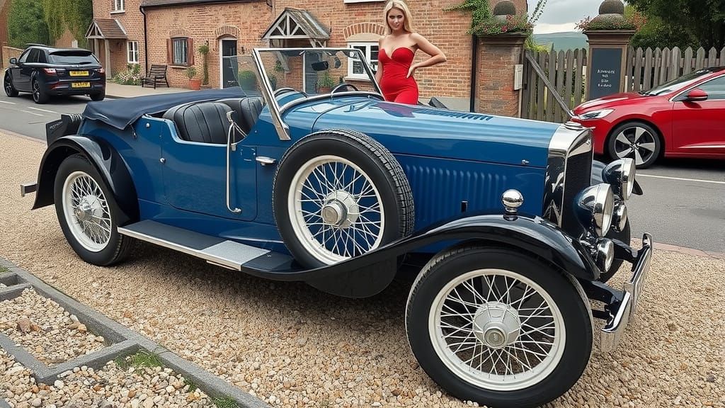 Woman in Red Suede Beside Vintage Car in Village