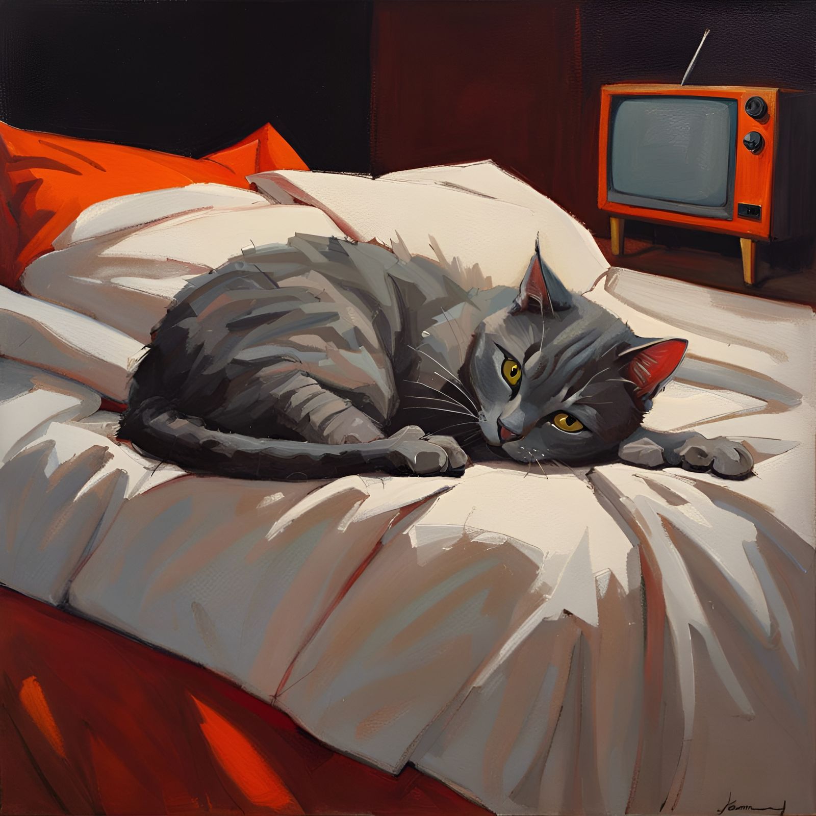 Grey Cat Napping, Oil Painting