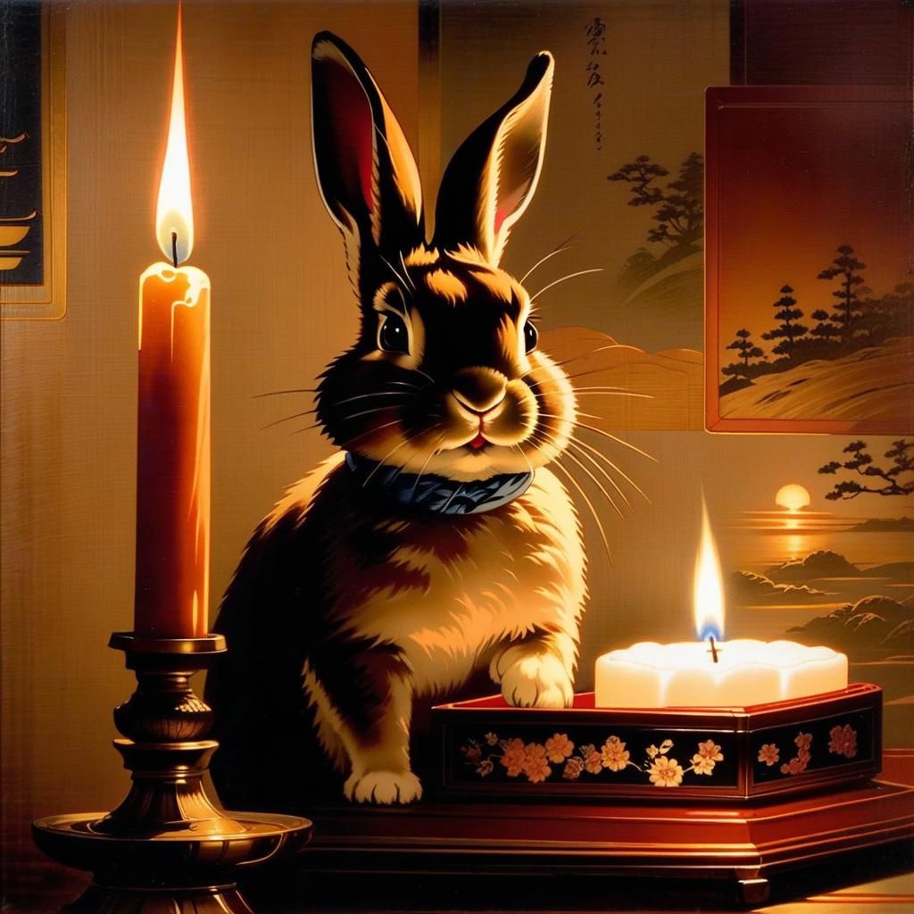 19th century Japanese and a flickering candle in the foreground of a painting of an adorable rabbit in a dimly lit stage