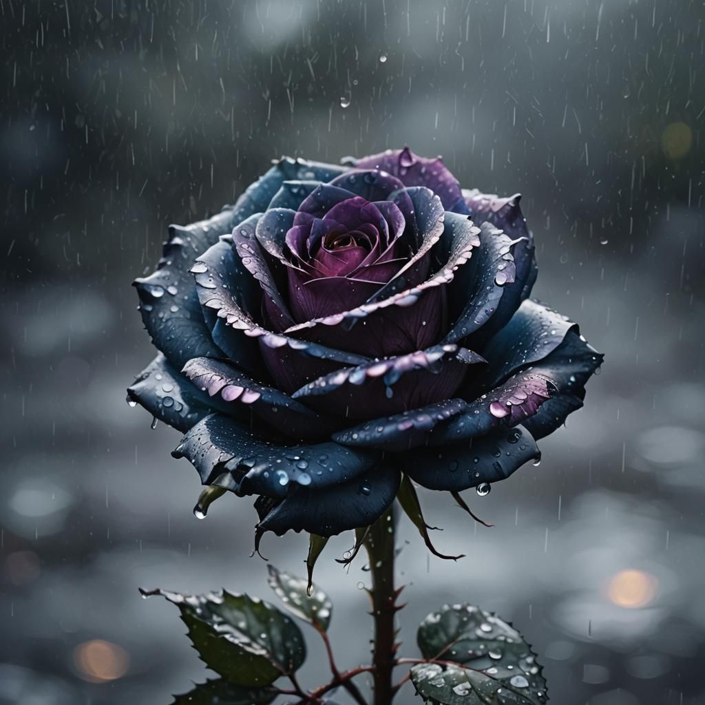 Hyperrealistic Black Rose in the Rain