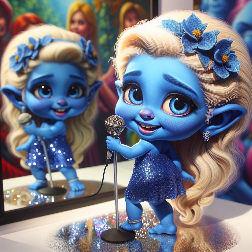 Blue Cartoon Character Posing with Microphone