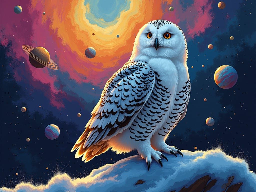 Cosmic Snowy Owl in Vibrant Pop Art Style