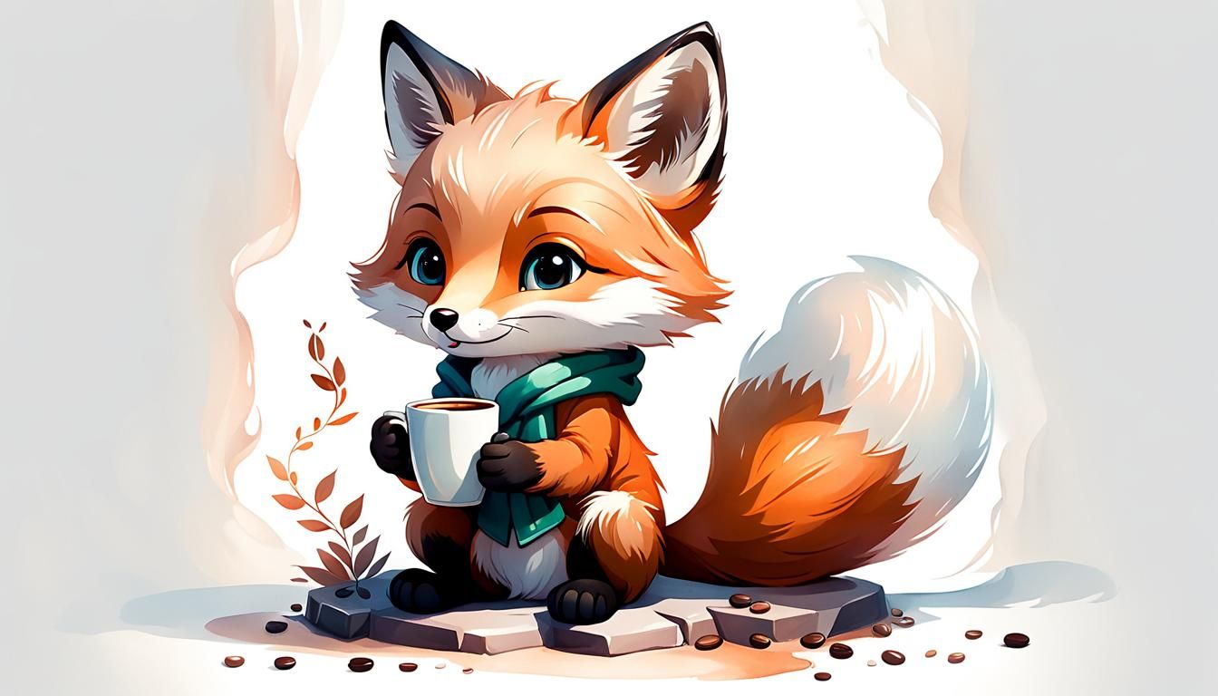 Adorable Chibi Fox Coffee Illustration in Ink Wash