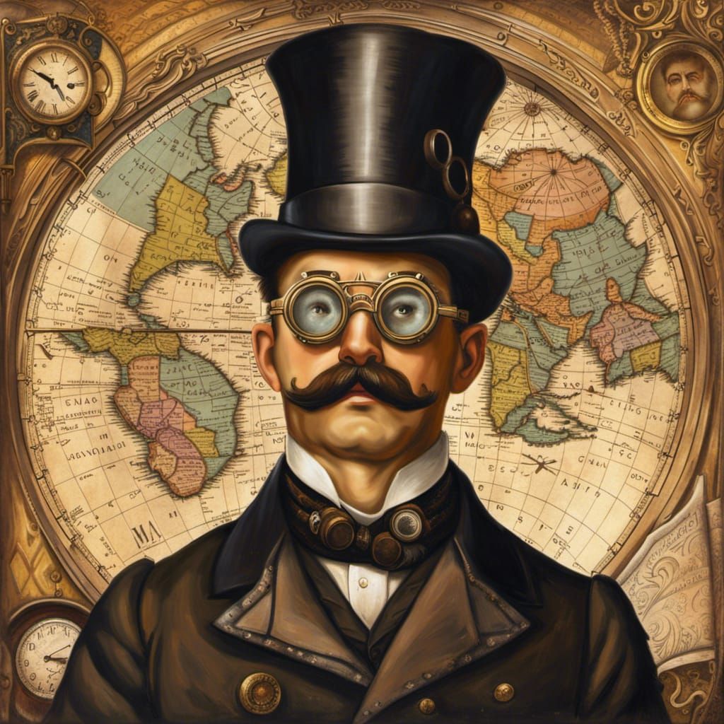 Steampunk Man with Goggles: Antique Oil Painting