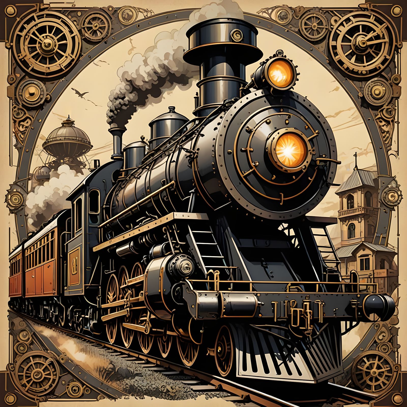 pop art steampunk poster with a steampunk train