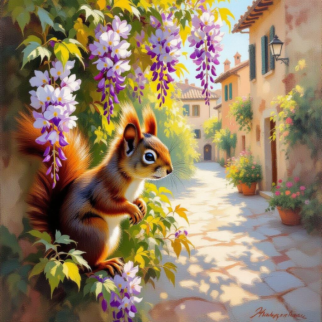 Impressionist Squirrel Peeking from Wisteria in Italian Piaz...