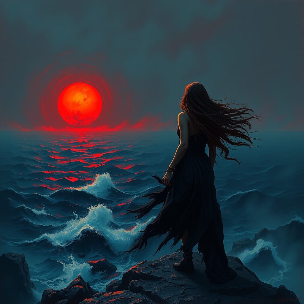 A Grieving Woman Stands at the Edge of a Turbulent Coastline...