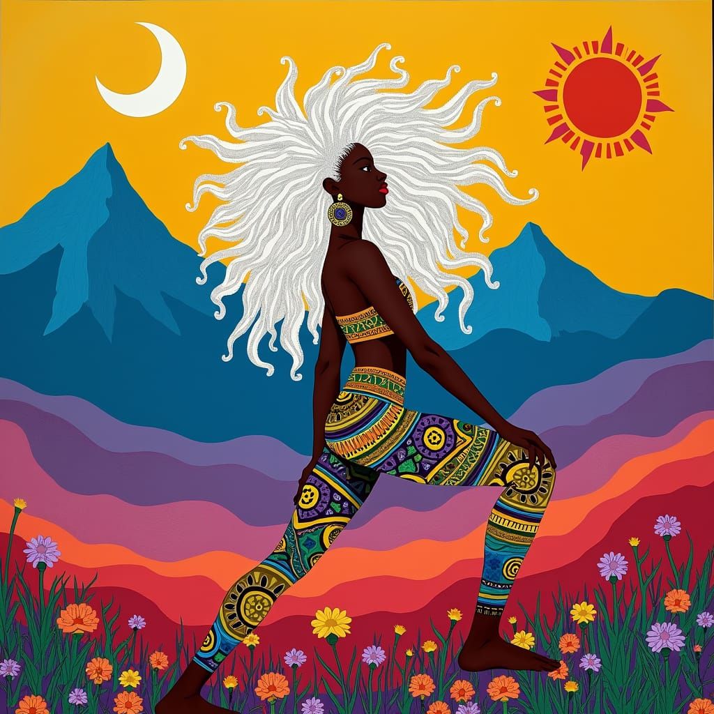 Woman in Yoga Pose: Abstract Folk Art Painting