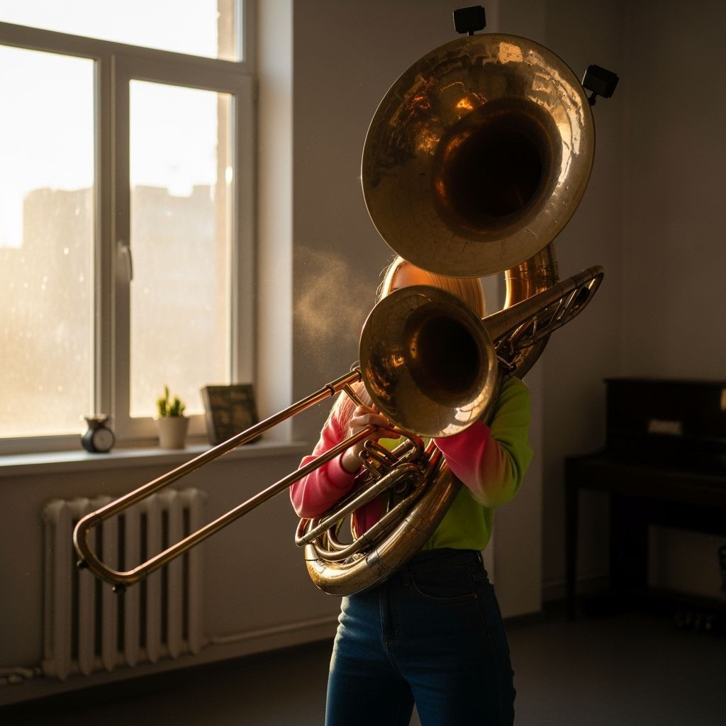 Beautiful Ukrainian Woman Plays Giant Trombone in Brass Room