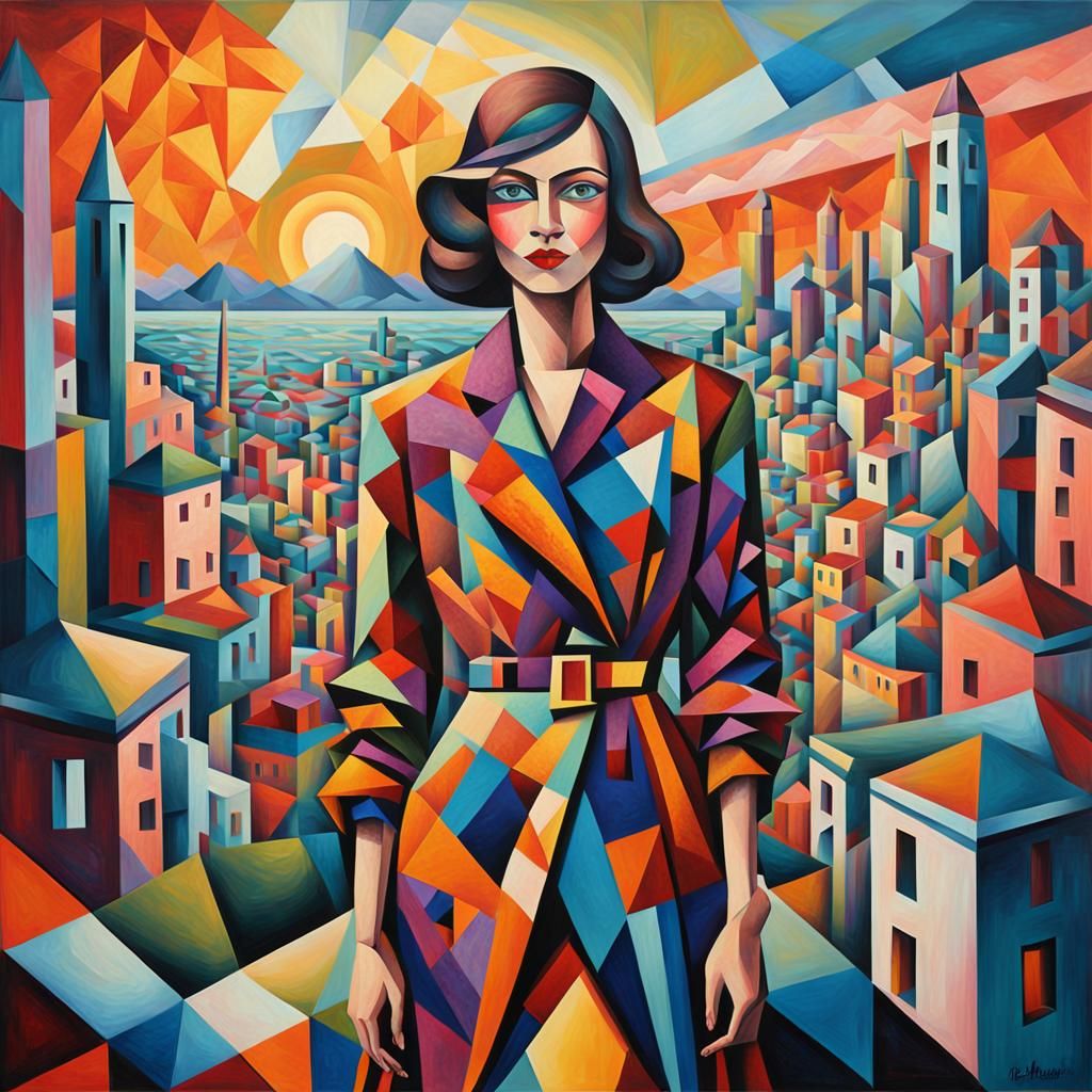 Cubist Woman in Geometric Cityscape: Angular Oil Painting