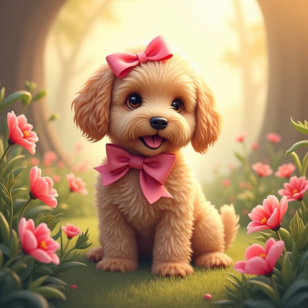 Fluffy Goldendoodle with Pink Bow in Dreamlike Setting