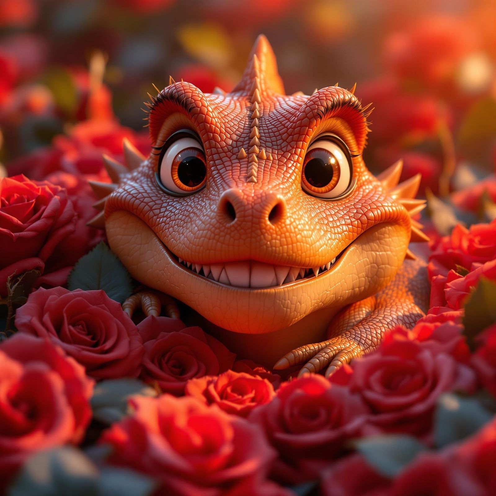 Vibrant CGI Cartoon Raptor Surrounded by Roses in Whimsical ...