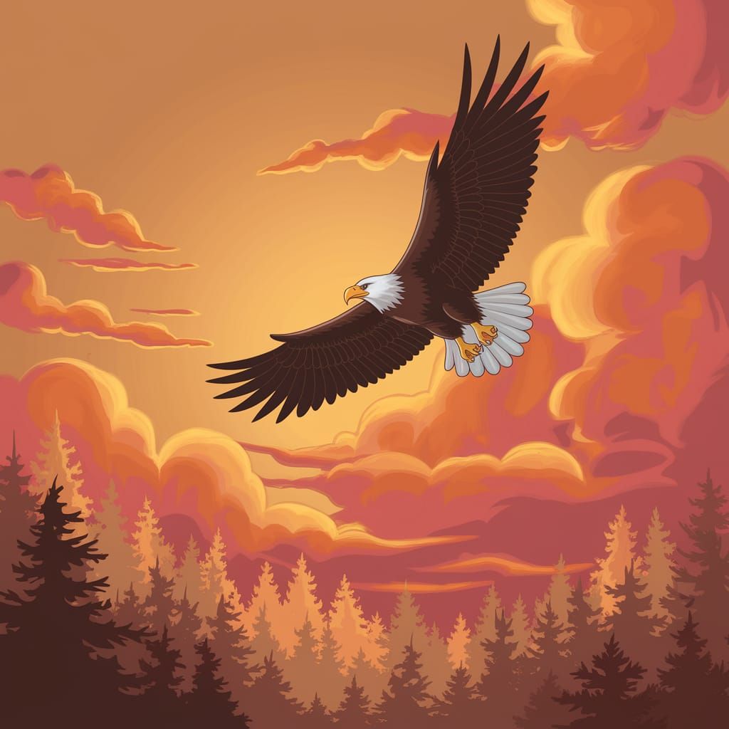 Golden Eagle Soars in Serene Sunset Landscape