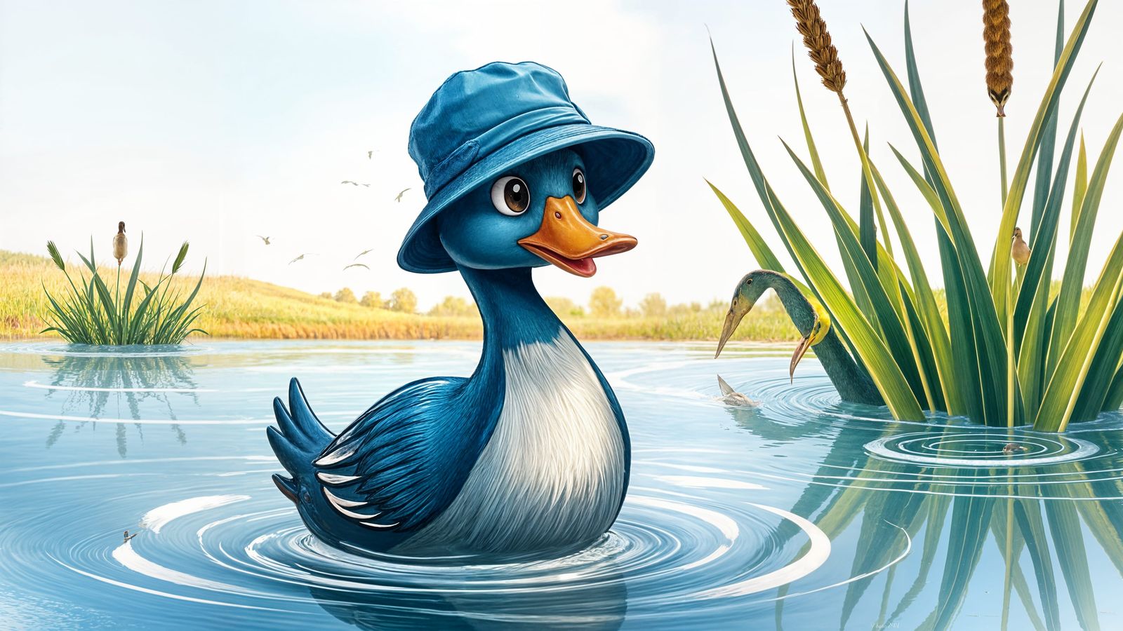 Blue Duck Benny with Bucket Hat by Pond