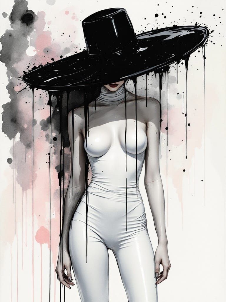 Surreal Watercolor Dreamscape with Melting Black Hat