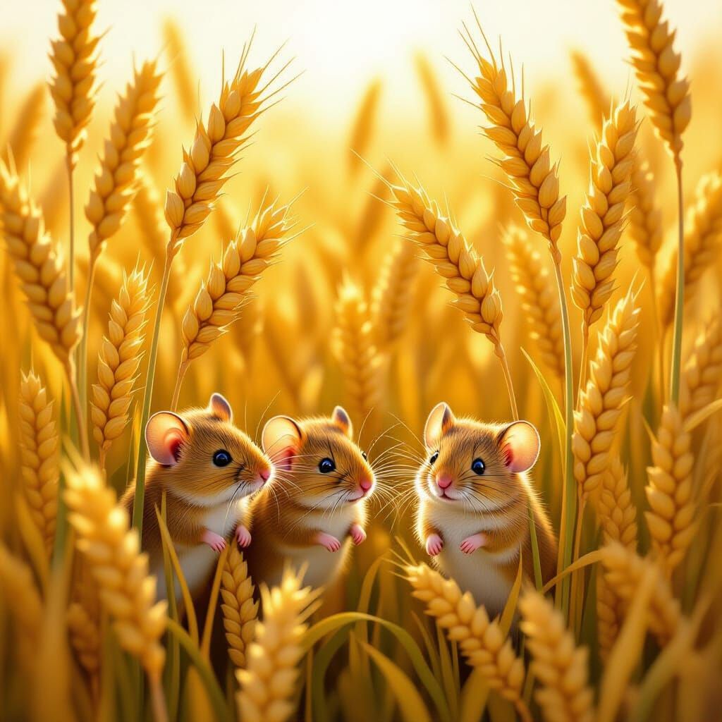 Adorable Mice Family Hiding in Sunlit Wheat Field