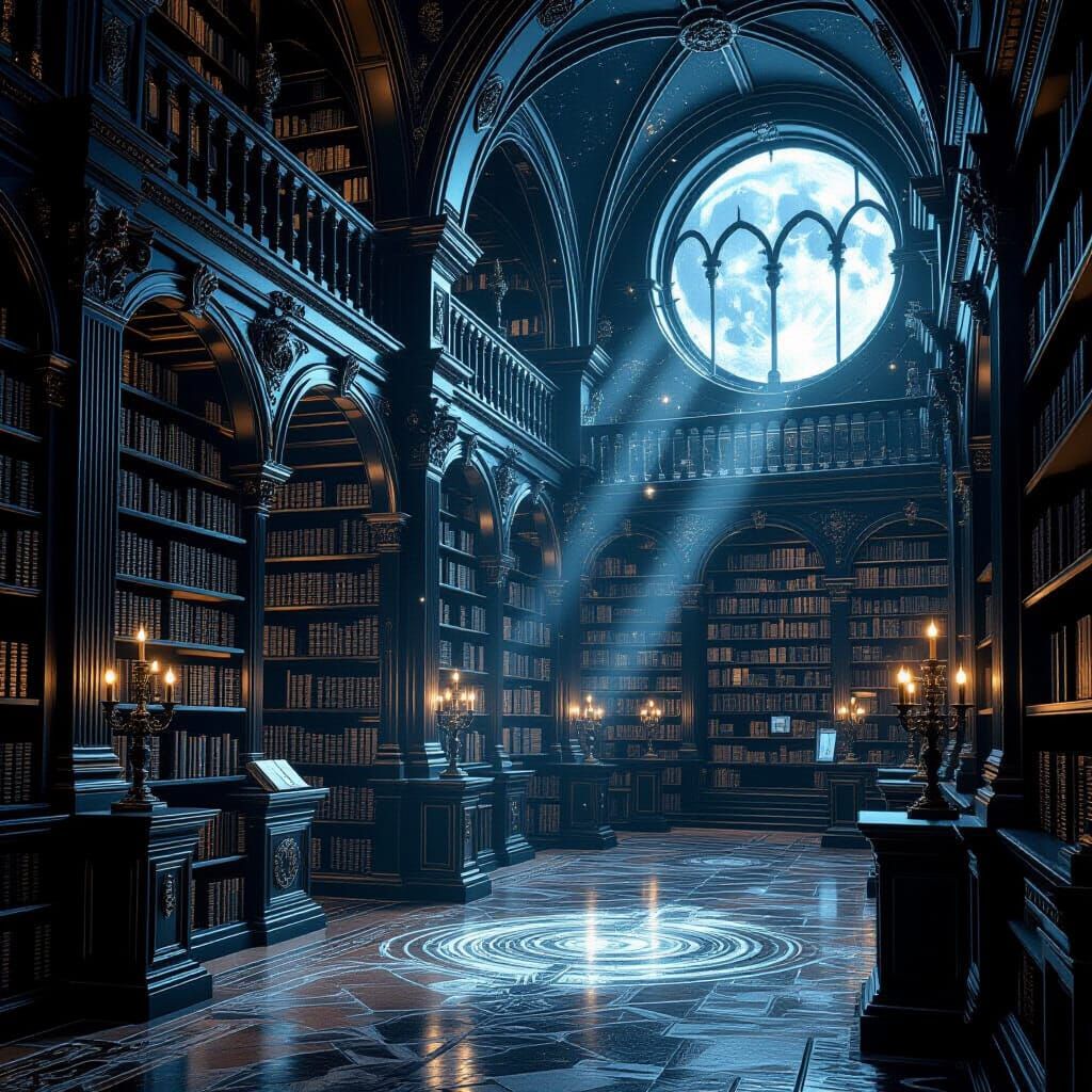 Majestic Moonlight Library in Dark Fantasy Style