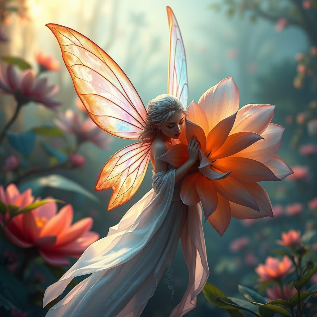 Glowing Flower Held by Delicate Winged Fairy