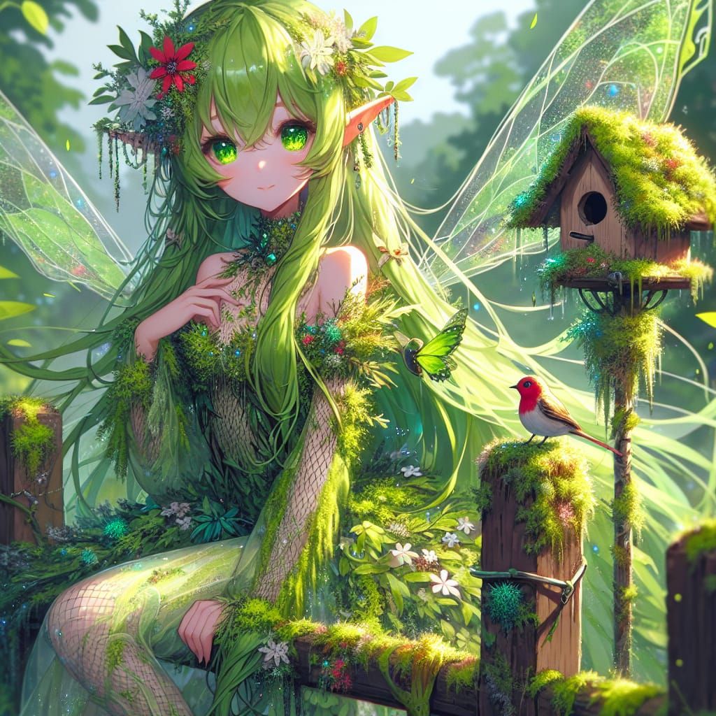 Anime Fairy Girl in Mossy Lichen Birdhouse Scene